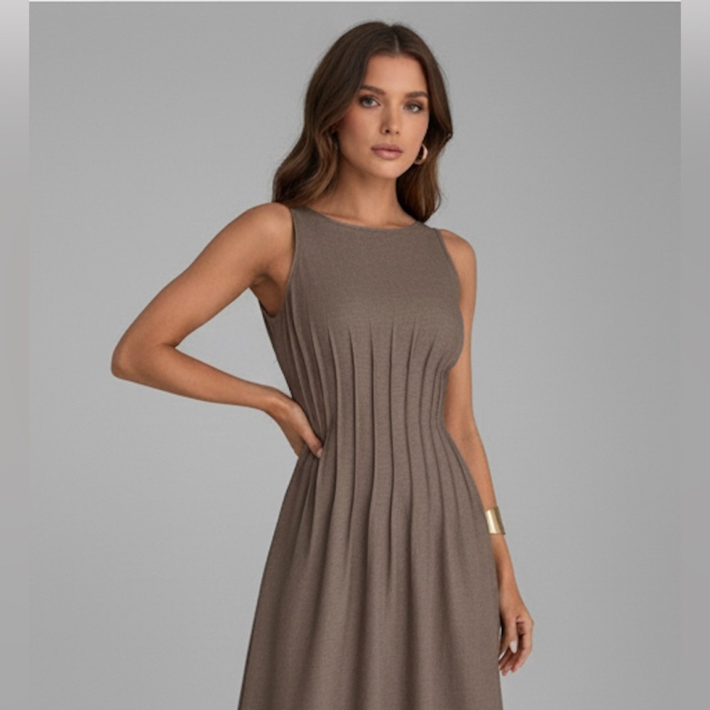 Pleated Waist Minimalist Maxi Dress Brown - Picture 2 of 8